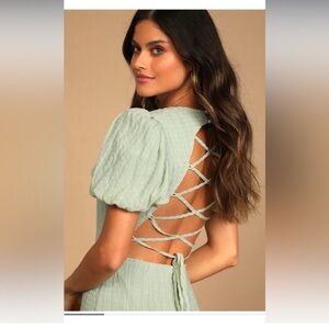Lulu’s “Got the Frills” Sage Green Lace-Up Puff Sleeve Mini Dress Size M